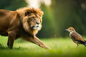 een leeuw en een vogel in de wild. ai-gegenereerd foto