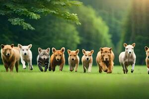 een groep van honden rennen in de gras. ai-gegenereerd foto