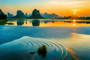 de zon sets over- een rivier- en bergen in China. ai-gegenereerd foto