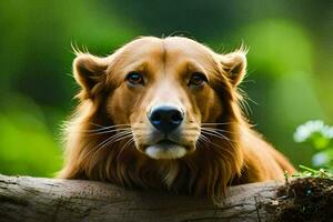 een bruin hond is zittend Aan een logboek. ai-gegenereerd foto