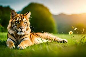 een tijger is houdende in de gras. ai-gegenereerd foto