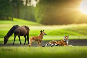 een tijger en een paard in de gras. ai-gegenereerd foto