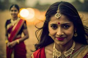 een vrouw in een rood sari met goud sieraden. ai-gegenereerd foto