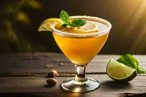 cocktail met citroen en munt Aan een houten tafel. ai-gegenereerd foto