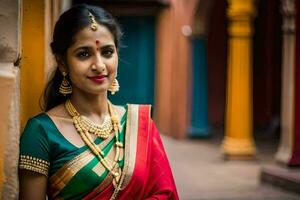 een mooi Indisch vrouw vervelend een rood en groen sari. ai-gegenereerd foto