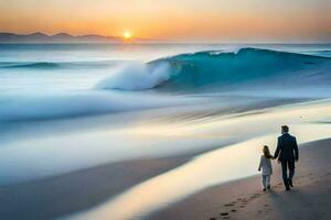 een Mens en vrouw wandelen Aan de strand Bij zonsondergang. ai-gegenereerd foto