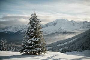 een eenzaam boom staat in de sneeuw Aan een berg ai generatief foto