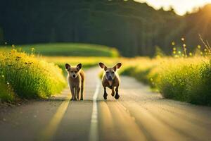 twee honden rennen naar beneden een weg in de midden- van een veld. ai-gegenereerd foto