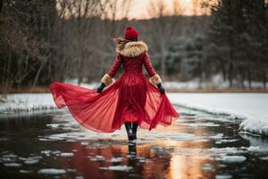 elegant vrouw genieten van winter wandelen in besneeuwd Woud ai generatief foto