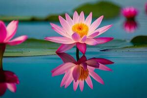 roze lotus bloemen in de water met bladeren. ai-gegenereerd foto