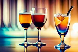 drie bril van alcohol zijn getoond Aan een tafel. ai-gegenereerd foto