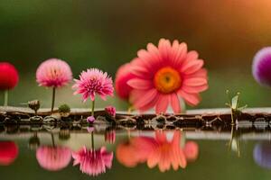 bloemen zijn weerspiegeld in de water. ai-gegenereerd foto