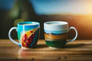 twee koffie cups met verschillend ontwerpen Aan hen. ai-gegenereerd foto