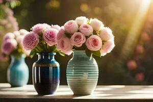 twee vazen met roze rozen zittend Aan een tafel. ai-gegenereerd foto