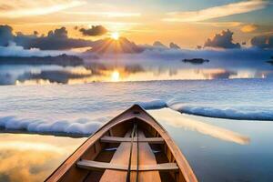 een boot is drijvend Aan de water Bij zonsondergang. ai-gegenereerd foto