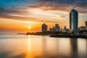 de zon sets over- de stad horizon in mumbai. ai-gegenereerd foto