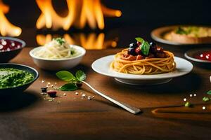 spaghetti, saus, en andere ingrediënten Aan een tafel. ai-gegenereerd foto