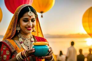 een vrouw in traditioneel Indisch kleding Holding een pot. ai-gegenereerd foto