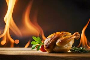 een kip Aan een houten snijdend bord met een vlam in de achtergrond. ai-gegenereerd foto