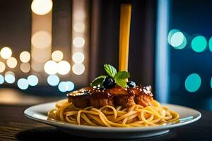 een bord van spaghetti met vlees en saus Aan een tafel. ai-gegenereerd foto