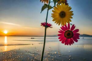 zonsondergang en bloemen Aan de strand. ai-gegenereerd foto