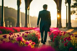 een Mens in een pak wandelingen door een bloem tuin. ai-gegenereerd foto