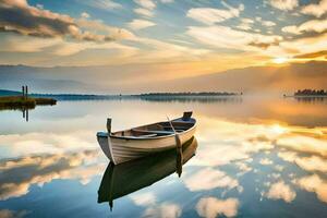 een boot zit Aan de kalmte water Bij zonsondergang. ai-gegenereerd foto