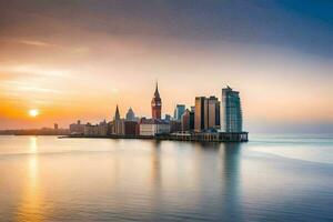 de stad horizon is gezien in de afstand Bij zonsondergang. ai-gegenereerd foto