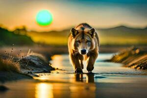 een wolf wandelen langs een rivier- Bij zonsondergang. ai-gegenereerd foto