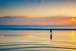 een persoon staand Aan de strand Bij zonsondergang. ai-gegenereerd foto