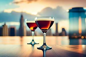 twee bril van wijn Aan een tafel in voorkant van een stad horizon. ai-gegenereerd foto