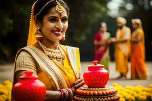 een vrouw in traditioneel Indisch kleding Holding een rood pot. ai-gegenereerd foto