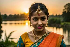 een mooi jong vrouw in een oranje sari. ai-gegenereerd foto