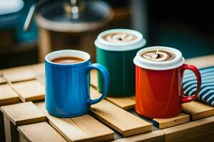 twee kleurrijk koffie mokken Aan een houten tafel. ai-gegenereerd foto