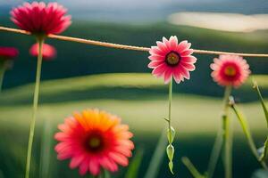 roze bloemen Aan een draad in een veld. ai-gegenereerd foto