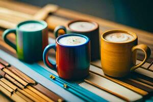 drie kleurrijk cups van koffie Aan een houten tafel. ai-gegenereerd foto