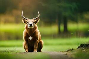 een hert met hoorns zittend Aan de grond. ai-gegenereerd foto