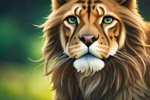 een digitaal schilderij van een leeuw met blauw ogen. ai-gegenereerd foto