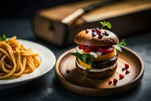 een hamburger en pasta Aan een houten bord. ai-gegenereerd foto