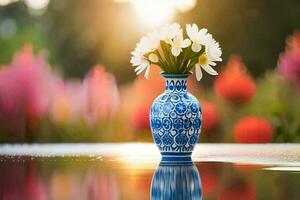 een blauw en wit vaas met bloemen Aan de water. ai-gegenereerd foto