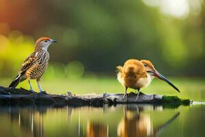 twee vogelstand staand Aan een log in de buurt water. ai-gegenereerd foto