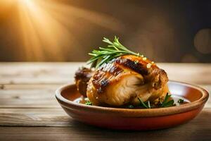kip in een kom met rozemarijn Aan een houten tafel. ai-gegenereerd foto