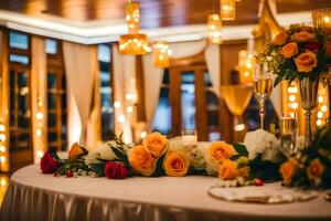 een tafel met bloemen en kaarsen in een kamer. ai-gegenereerd foto