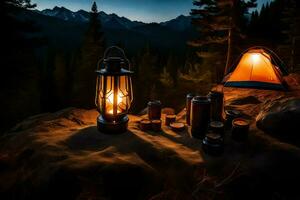 camping lantaarns en een tent in de bergen. ai-gegenereerd foto