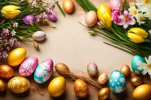 Pasen eieren en bloemen Aan een houten tafel. ai-gegenereerd foto