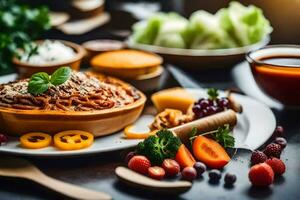 een bord van voedsel met groenten, kaas en andere ingrediënten. ai-gegenereerd foto