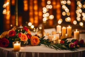 een tafel met kaarsen en bloemen in voorkant van een backdrop van lichten. ai-gegenereerd foto