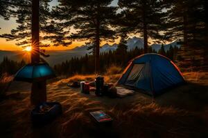 een tent is reeks omhoog in de midden- van een Woud Bij zonsondergang. ai-gegenereerd foto