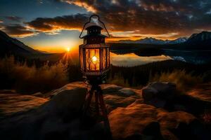 een lantaarn is lit omhoog Bij zonsondergang in voorkant van een berg. ai-gegenereerd foto
