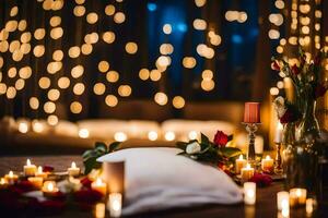 kaarsen en bloemen zijn reeks omhoog Aan een tafel in voorkant van een backdrop van lichten. ai-gegenereerd foto
